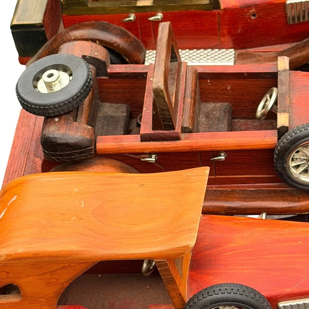 Vintage Wooden Model Car Set 4pc Antique Style Decorative Wood Toy Vehicles DIY